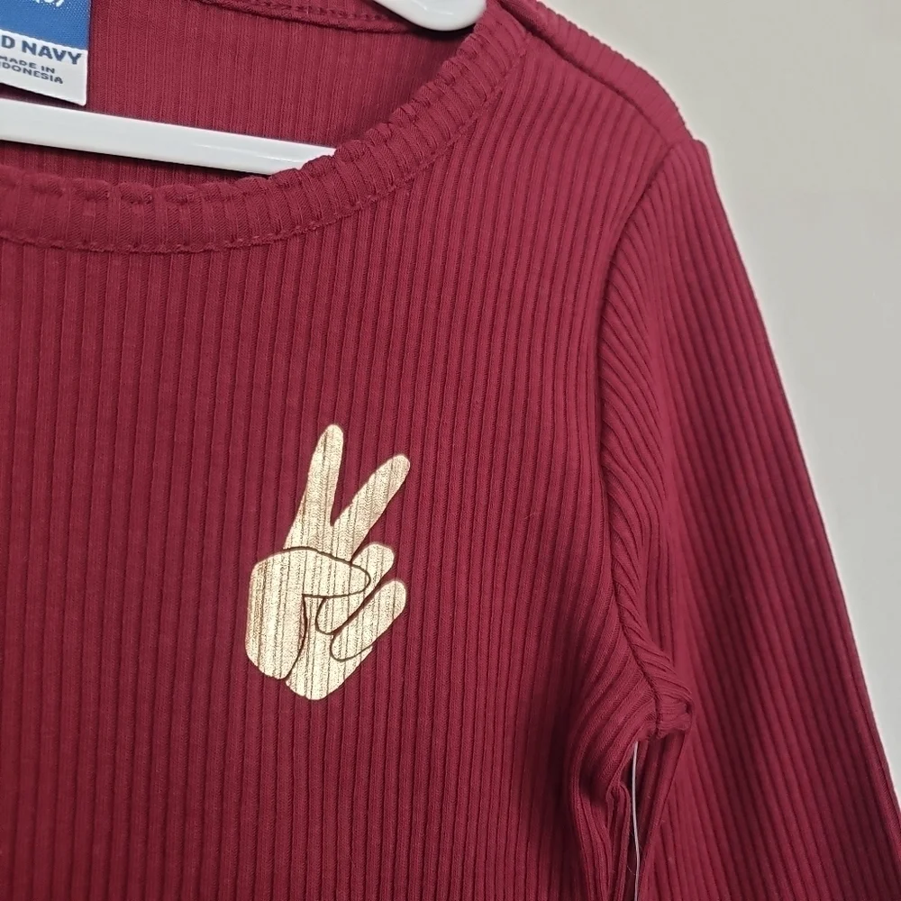 Old Navy NWT Little Girl XS 5 Maroon Long Sleeve Shirt Ribbed Rose Gold Peace